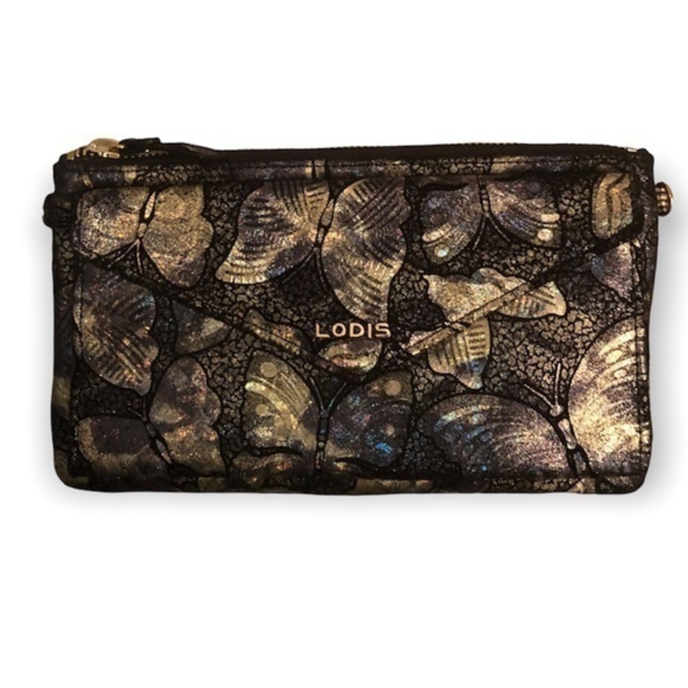 Lodis blue and black butterfly convertible clutch crossbody bag